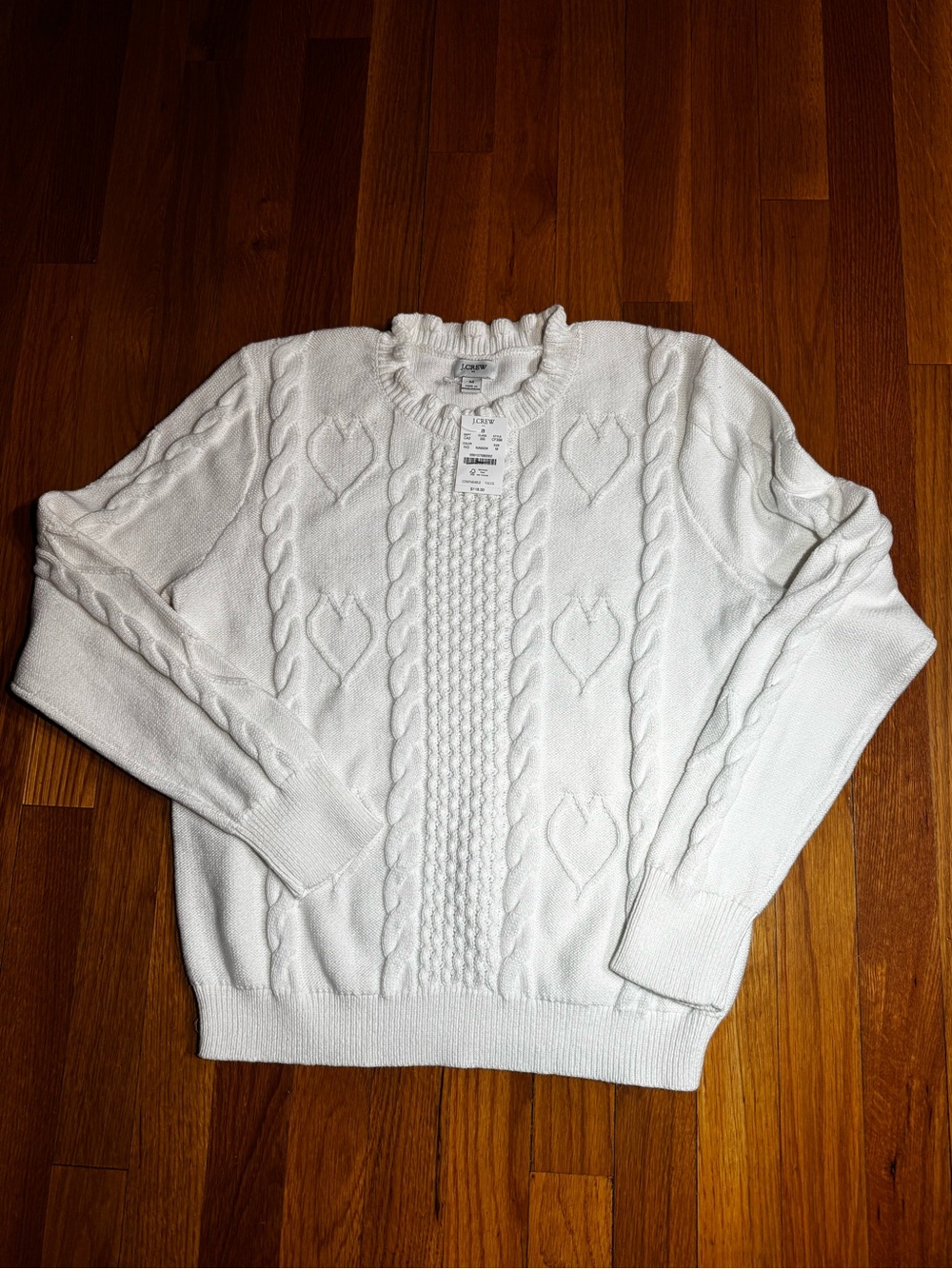 J. Crew White Cable-Knit Heart Crewneck Sweater